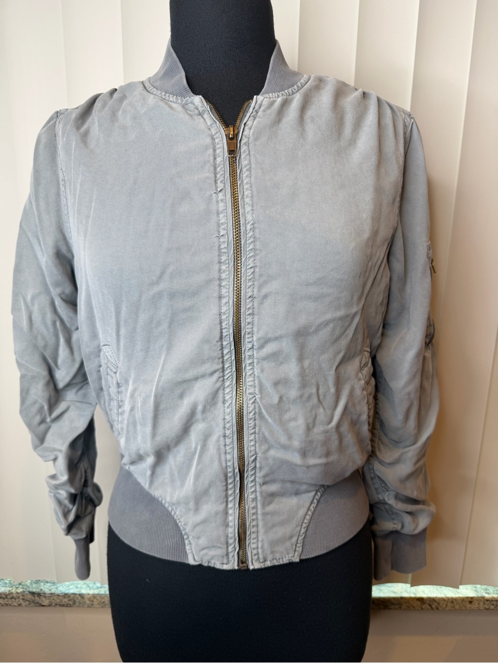 Dear John Light Gray Cropped Bomber Jacket - Classic Zip Front Size Medium